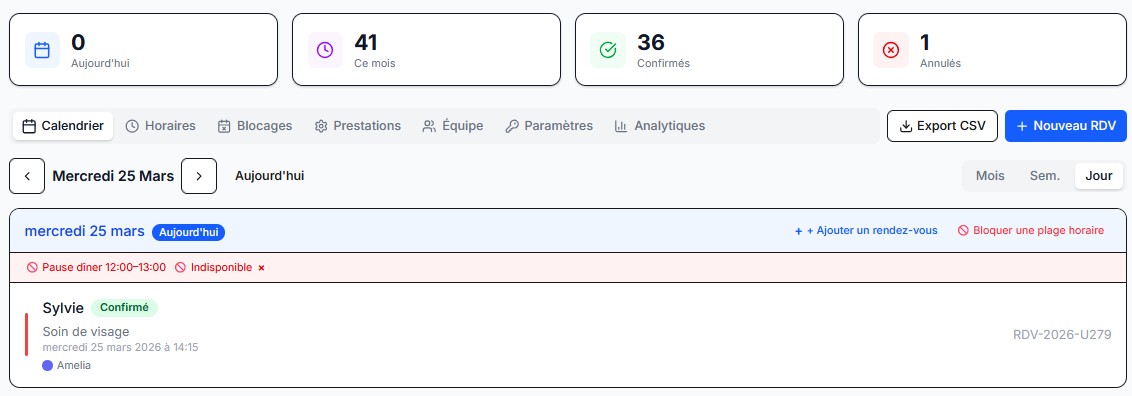 Vue journalière du calendrier Rendevoo
