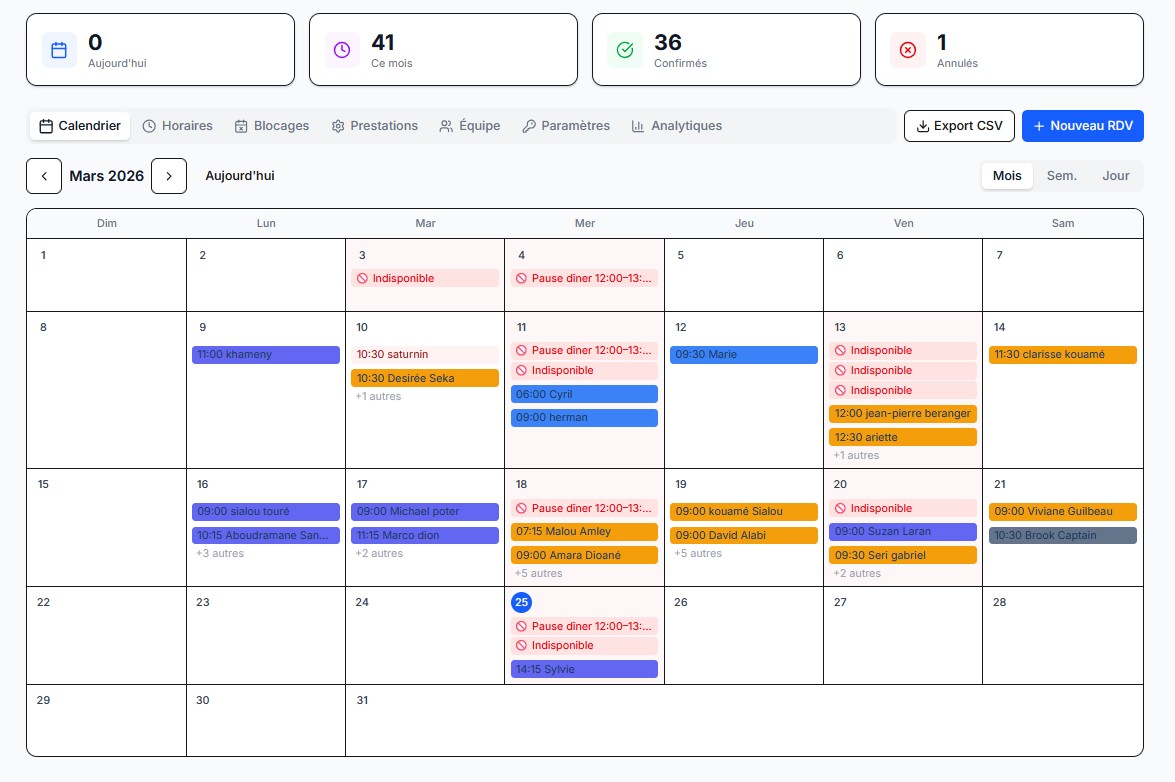 Vue mensuelle du calendrier Rendevoo