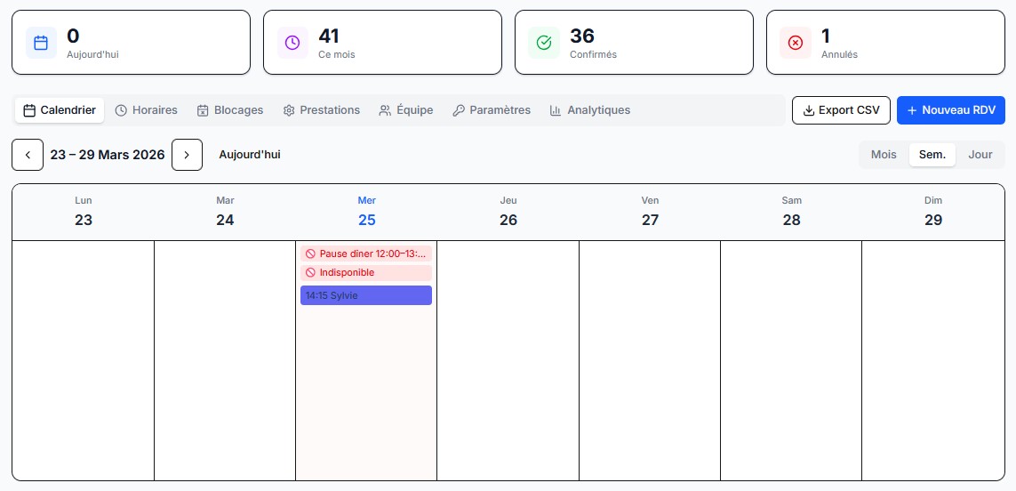 Vue hebdomadaire du calendrier Rendevoo